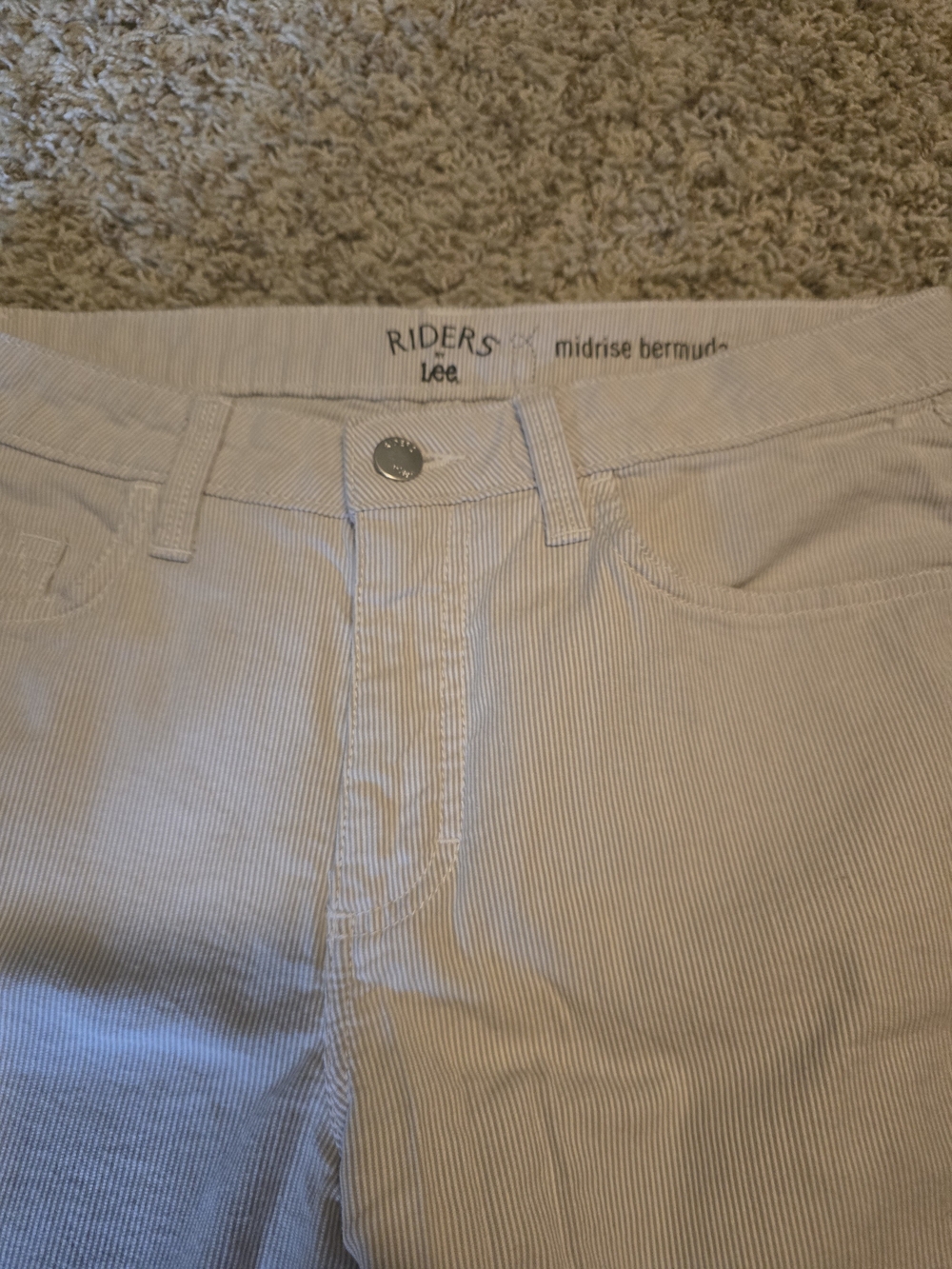 Lee Women’s Midrise Bermuda Jeans in Light Beige Pinstripe